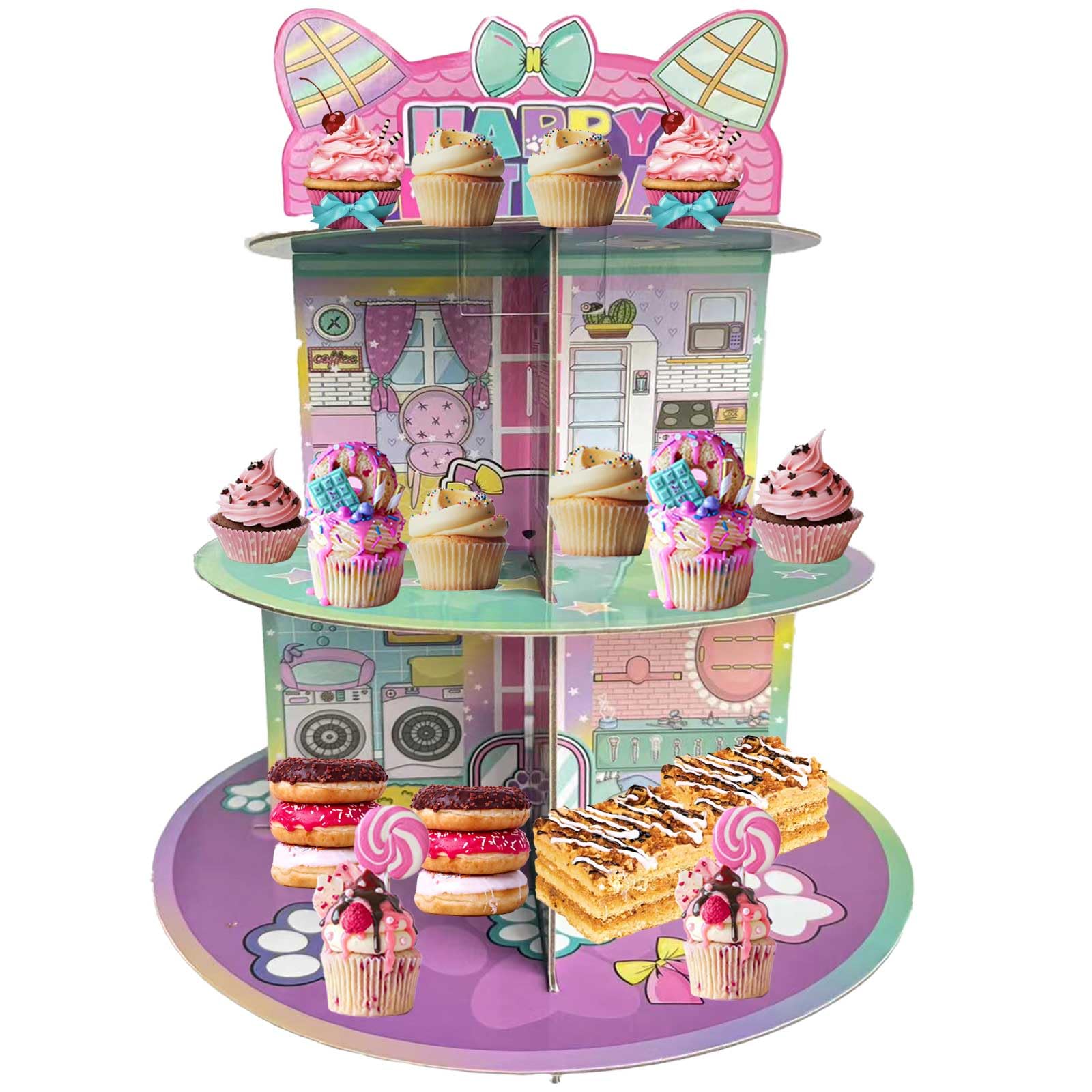 Terasilian dollhouse-theme cupcake display on a pink stand for kids' parties.