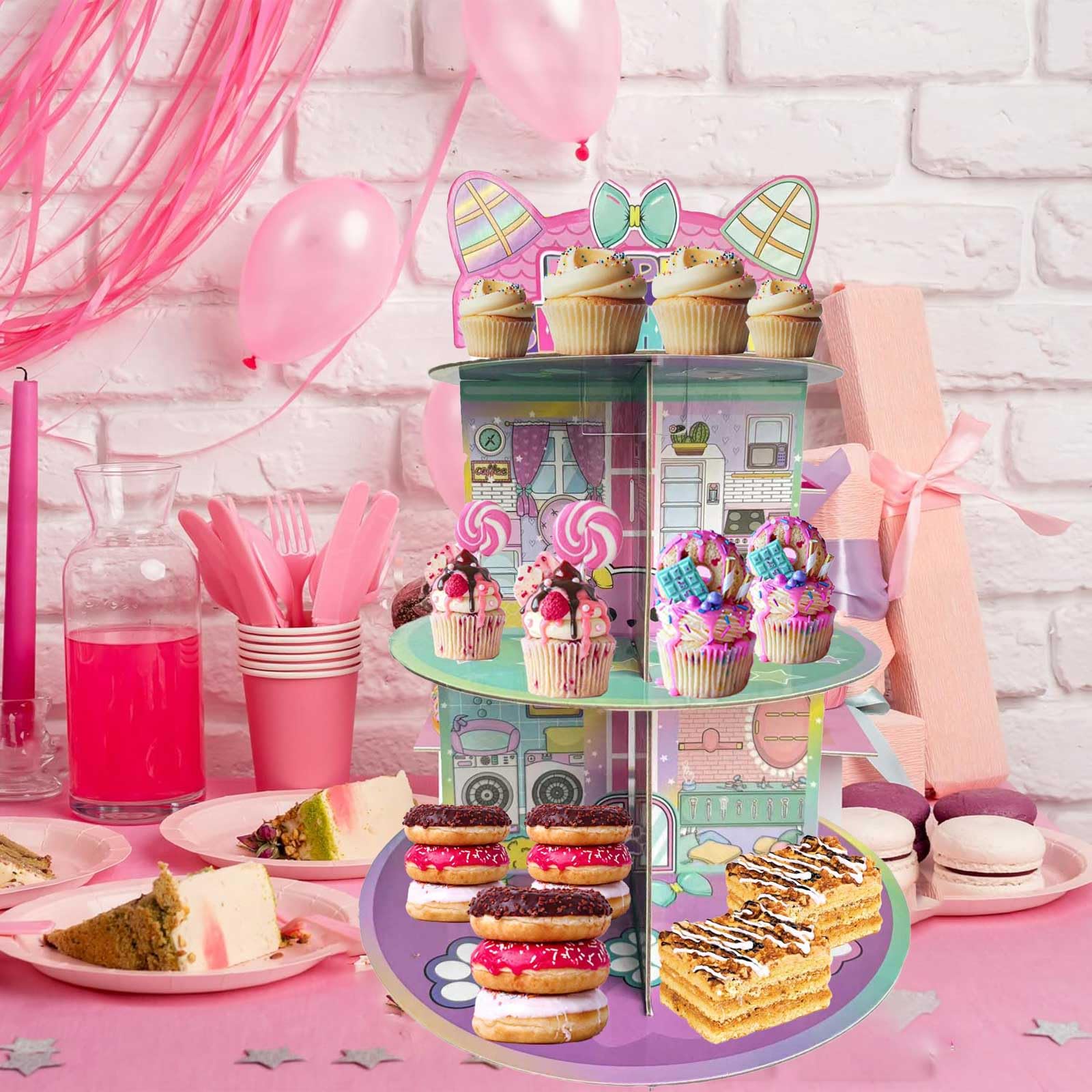 Terasilian pink cupcake stand perfect for donuts and cookies at celebrations.