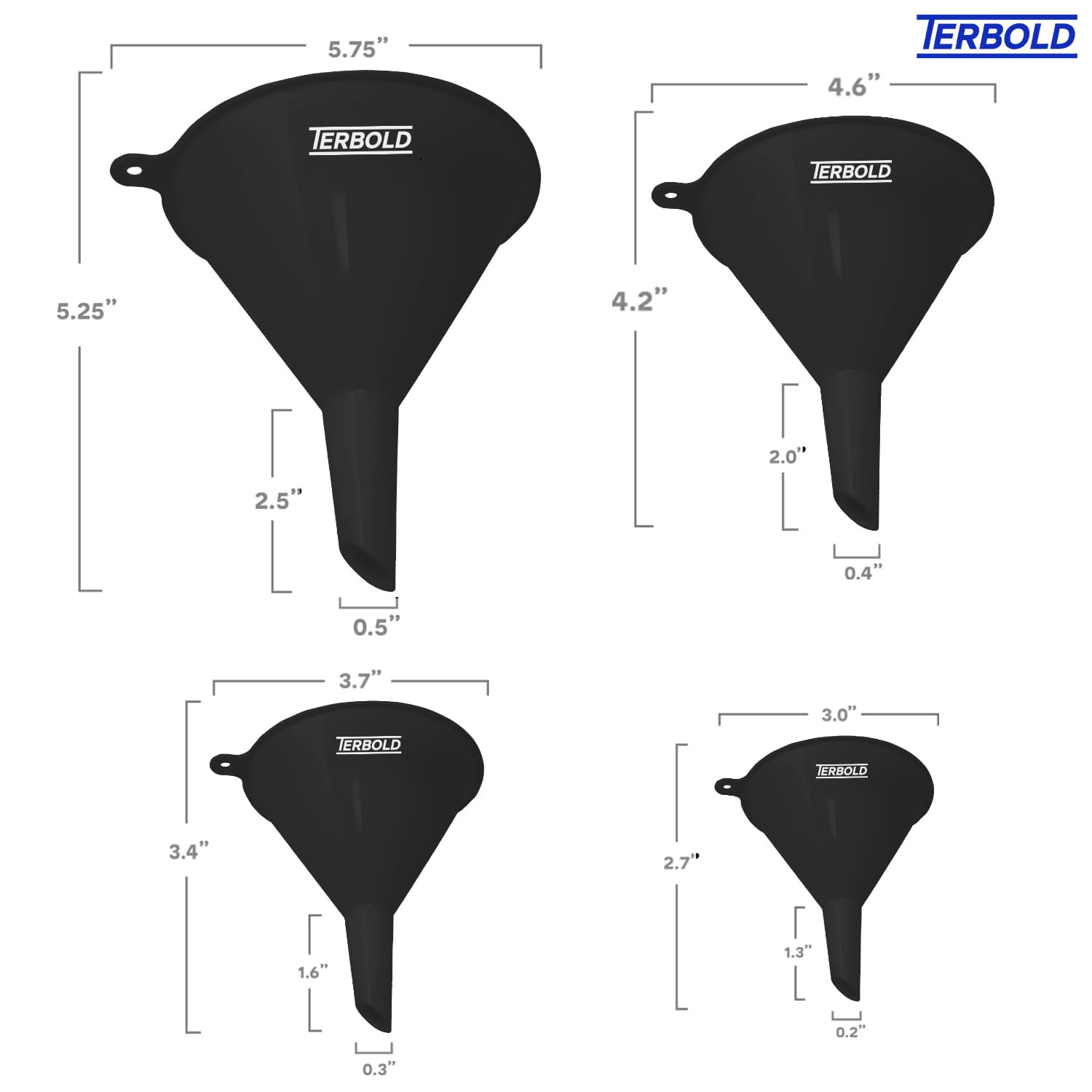 Terbold BPA-free polypropylene funnels ensure safe, versatile use in home and workshop.