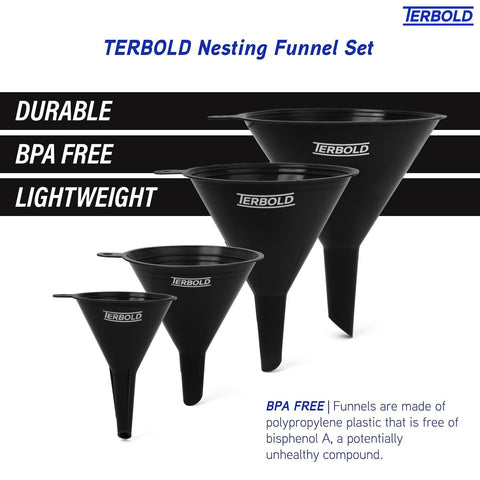 Terbold durable plastic funnels resist drops and temperature changes for reliable use.