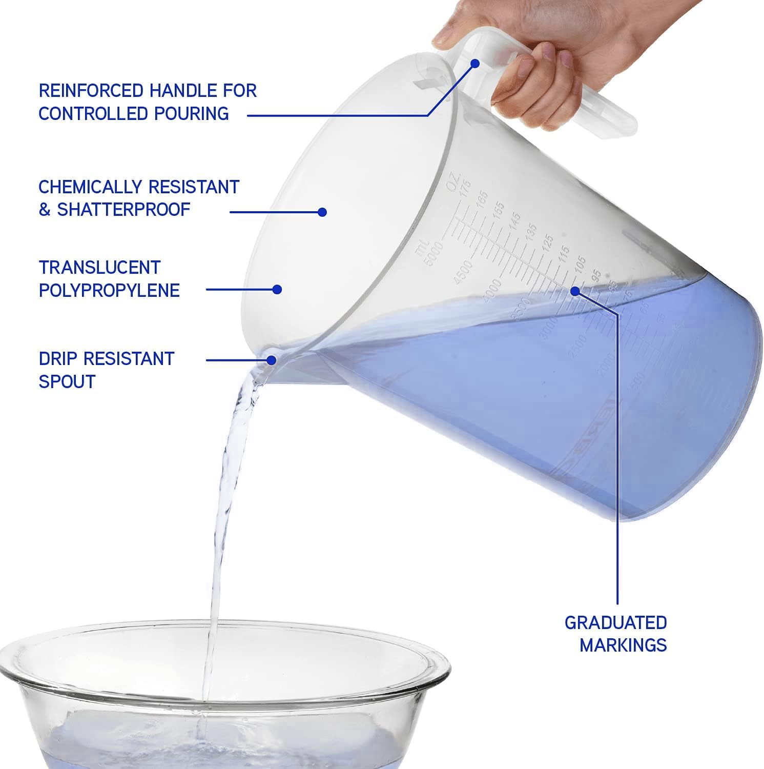 Terbold high-visibility graduations in liters and milliliters for accurate pouring