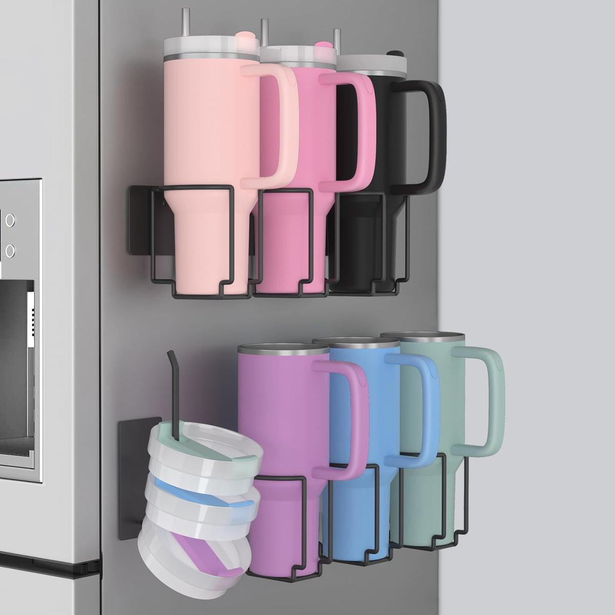 Terficer magnetic water bottle organizer for Stanley 40oz keeps tumblers neatly on the fridge.
