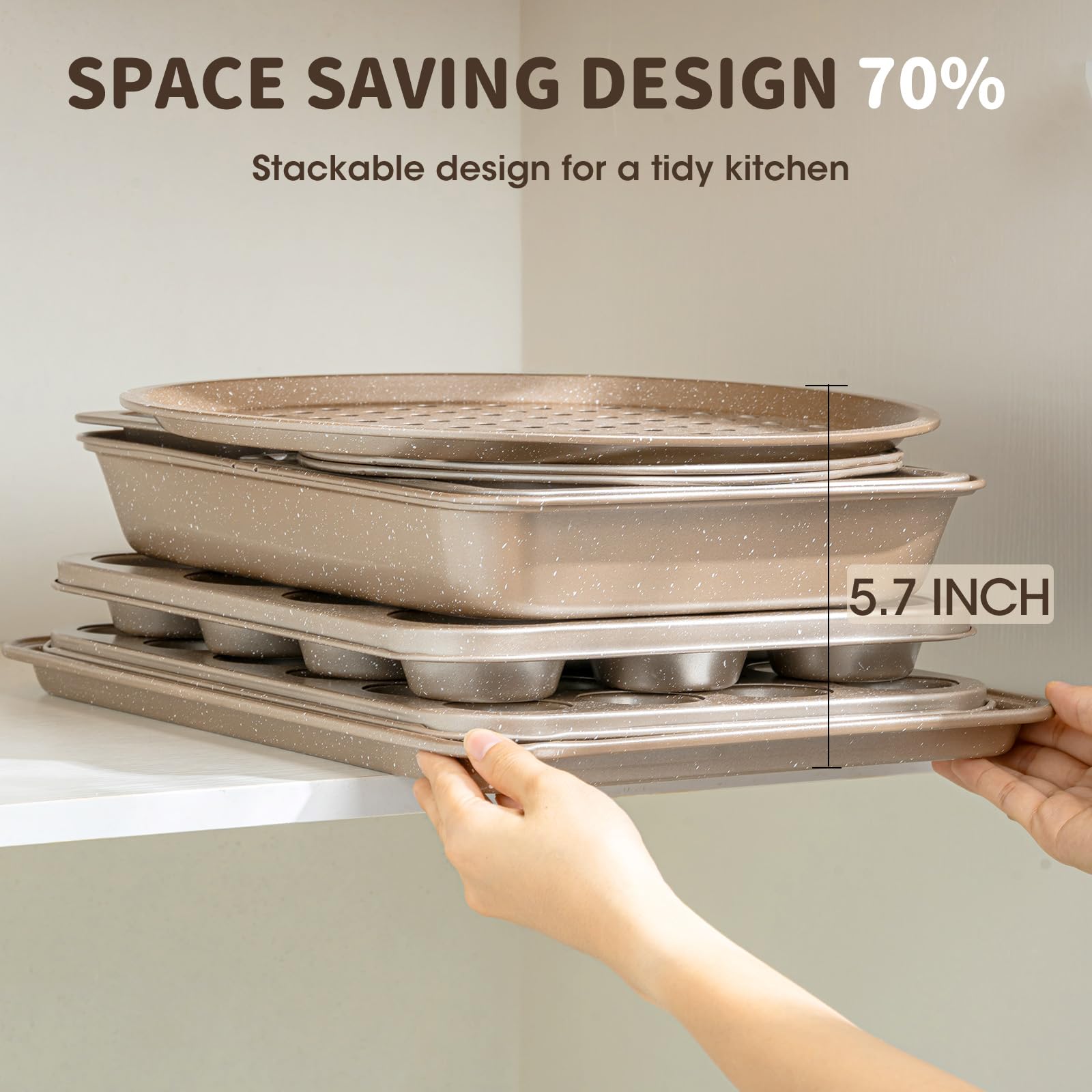 Terlulu stackable bakeware in cabinet saves kitchen space.