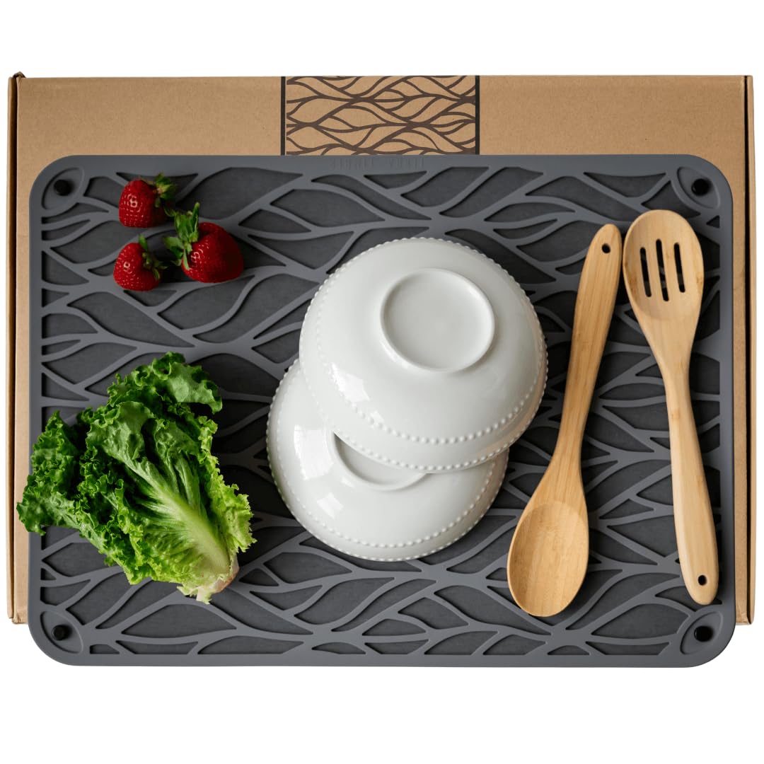 Terra + Timber stone drying mat focuses on quick moisture absorption for dishes on countertops.