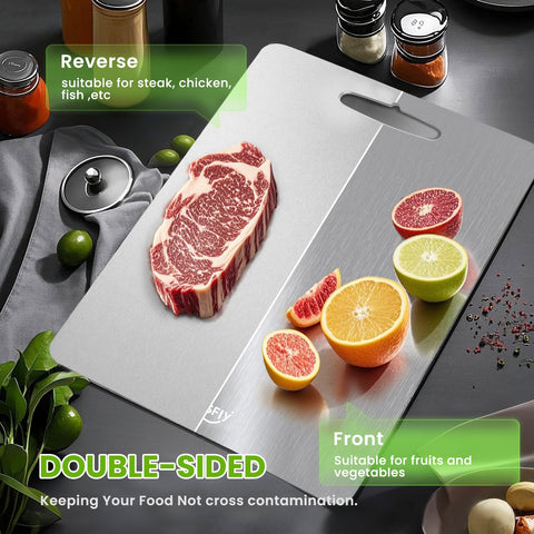 TESFLY titanium cutting board being cleaned in dishwasher for easy maintenance.