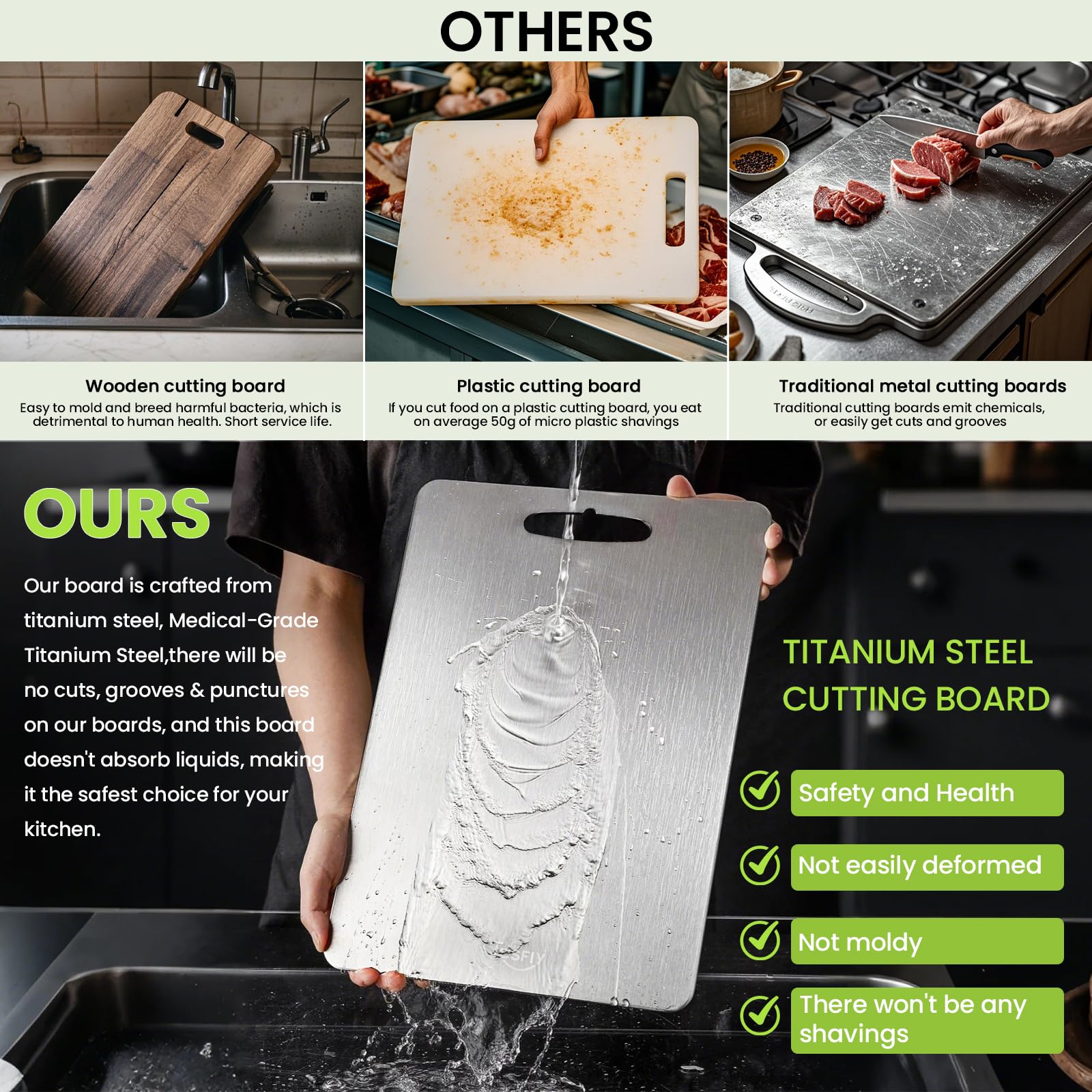 TESFLY titanium cutting board double-sided layout for versatile prep.