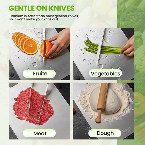 TESFLY titanium cutting board with knife nearby shows blade-friendly surface.