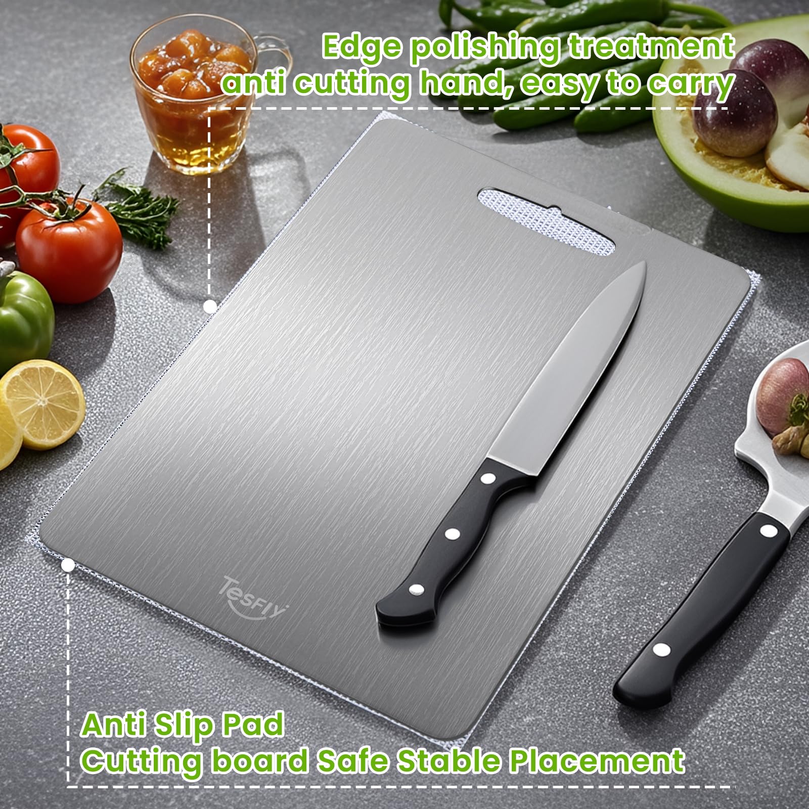 TESFLY titanium cutting board outdoors on a table for picnics and barbecues.