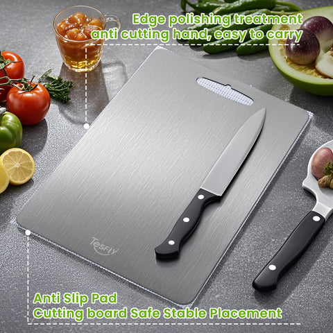 TESFLY titanium cutting board outdoors on a table for picnics and barbecues.