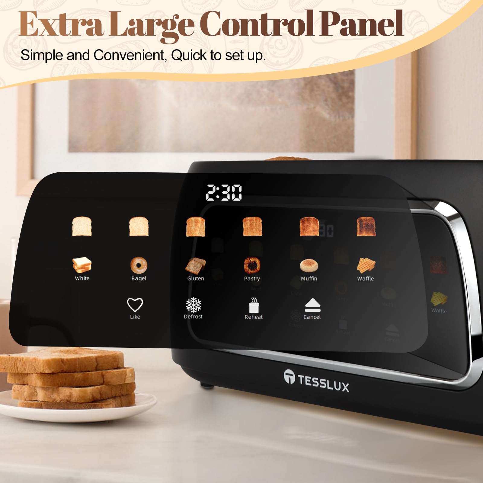 Tesslux toaster with 1.5 inch wide slots for thick slices