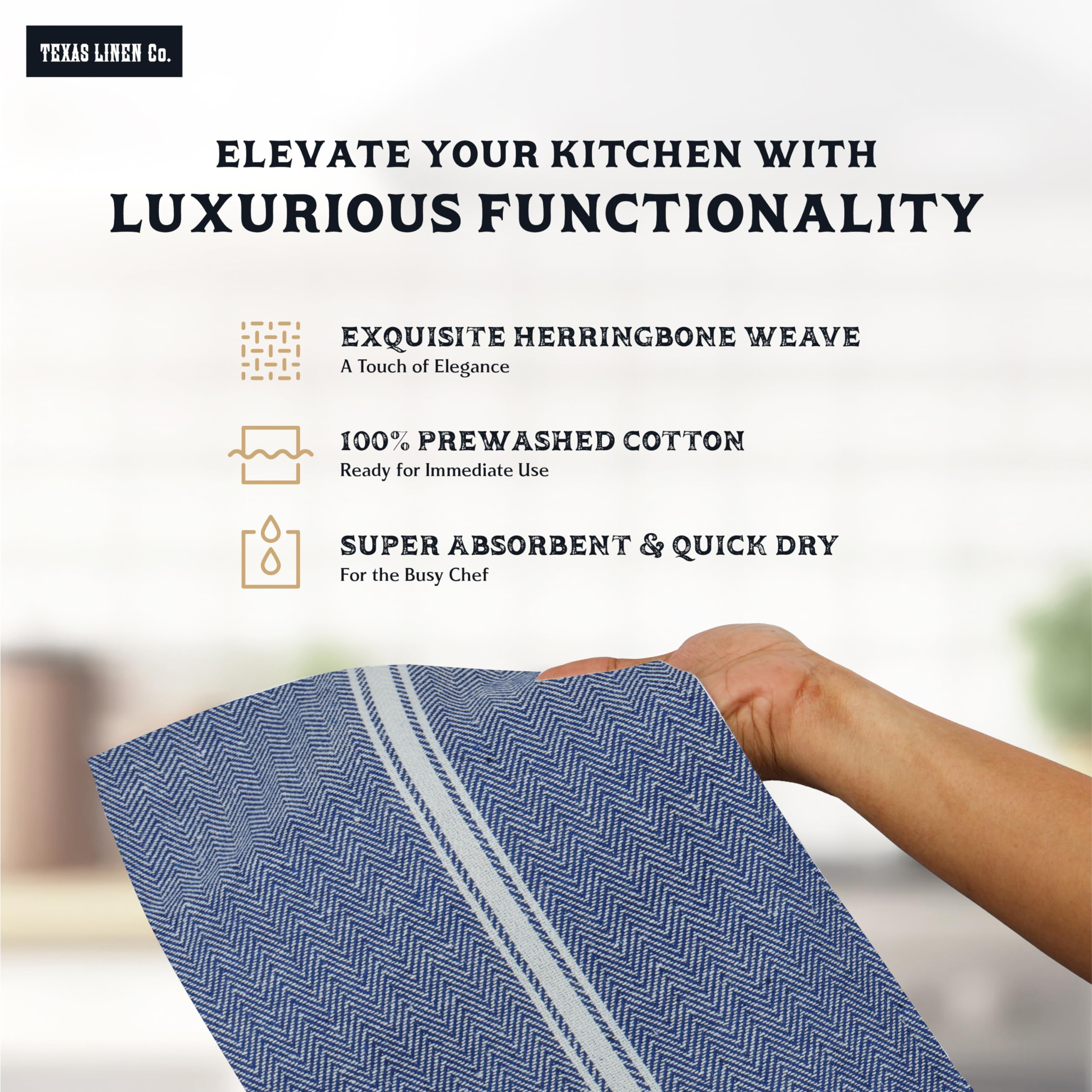 Close-up of blue chambray towel texture showing soft, absorbent cotton feel from Texas Linen Co