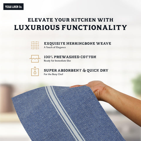 Close-up of blue chambray towel texture showing soft, absorbent cotton feel from Texas Linen Co