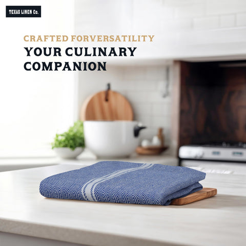 Blue chambray kitchen towels used to wipe countertops and clean utensils by Texas Linen Co