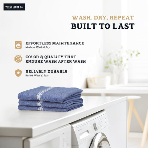 Towels drying a dish with blue chambray weave from Texas Linen Co for busy kitchens