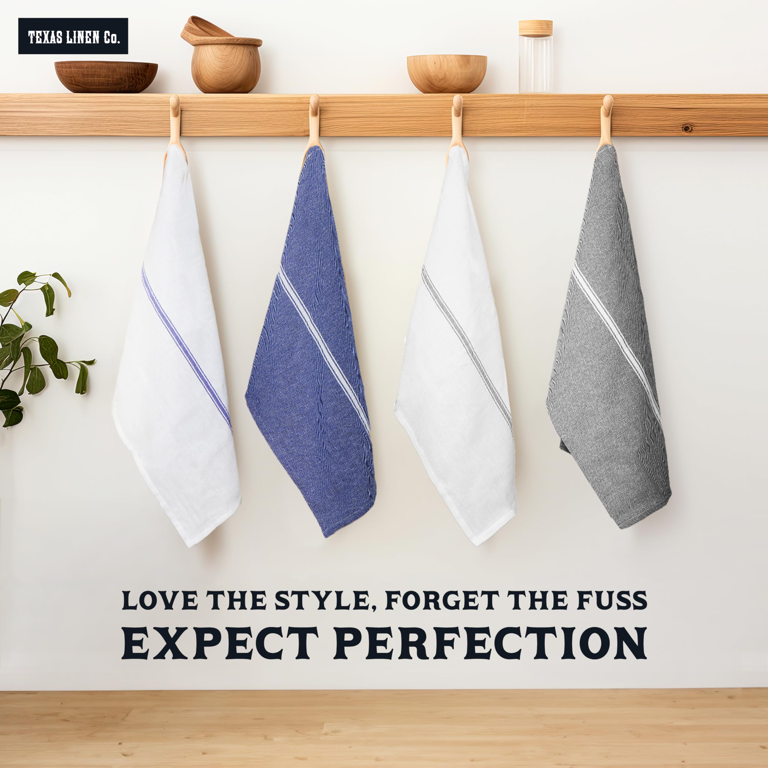Machine-washable blue chambray towels maintain color and softness for Texas Linen Co