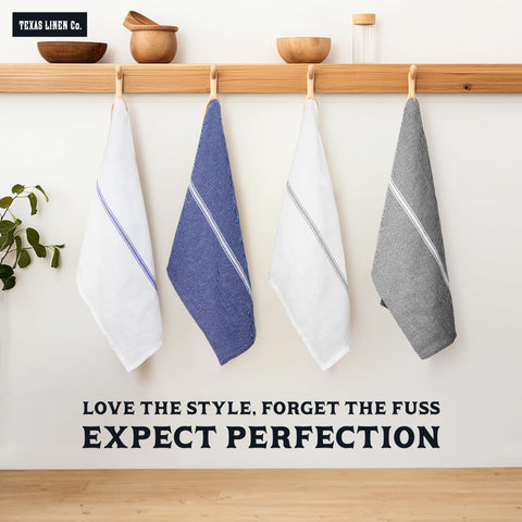 Machine-washable blue chambray towels maintain color and softness for Texas Linen Co