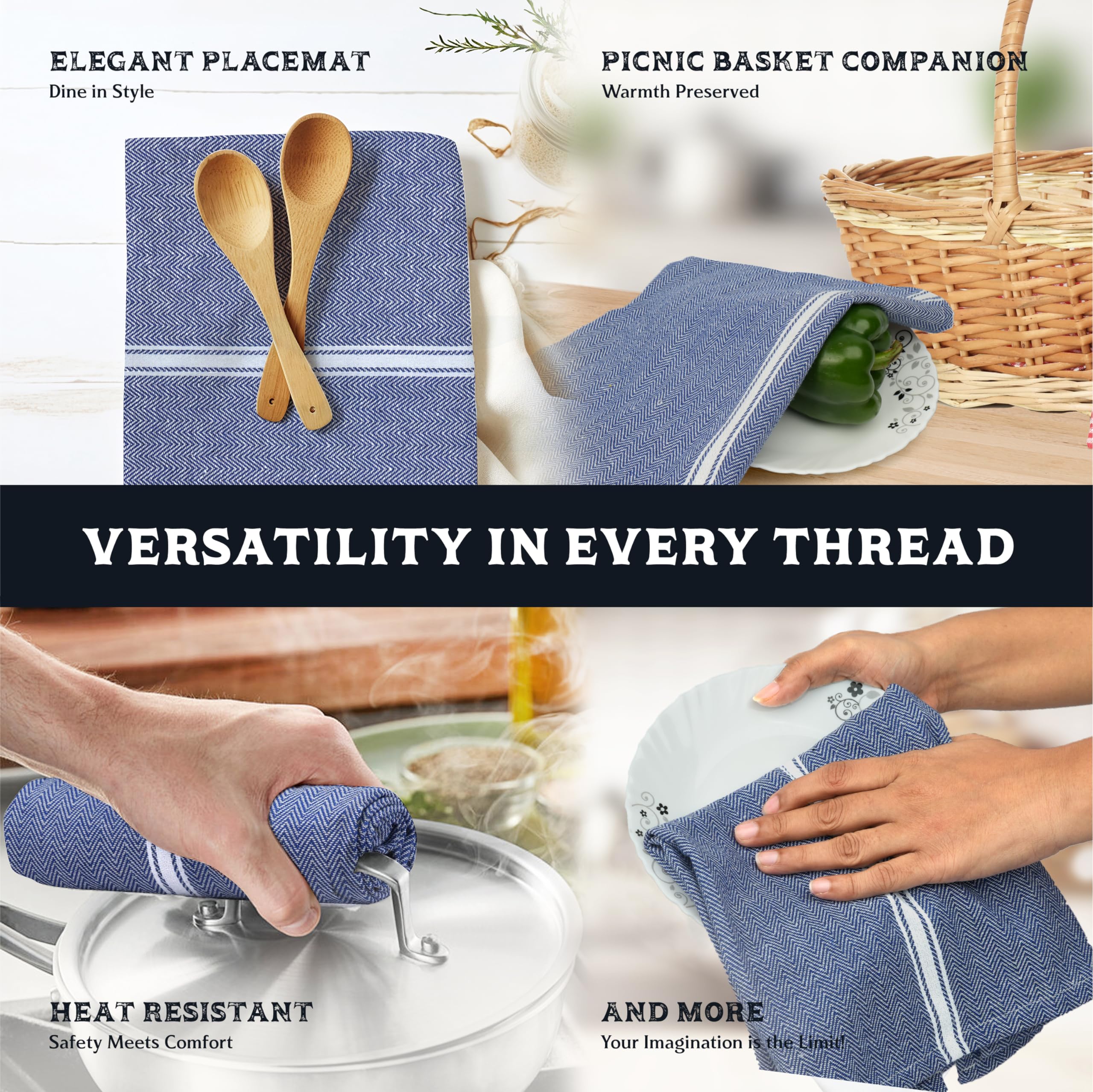 Quick-dry blue chambray towels ready for busy kitchen use from Texas Linen Co