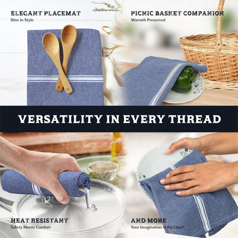 Quick-dry blue chambray towels ready for busy kitchen use from Texas Linen Co