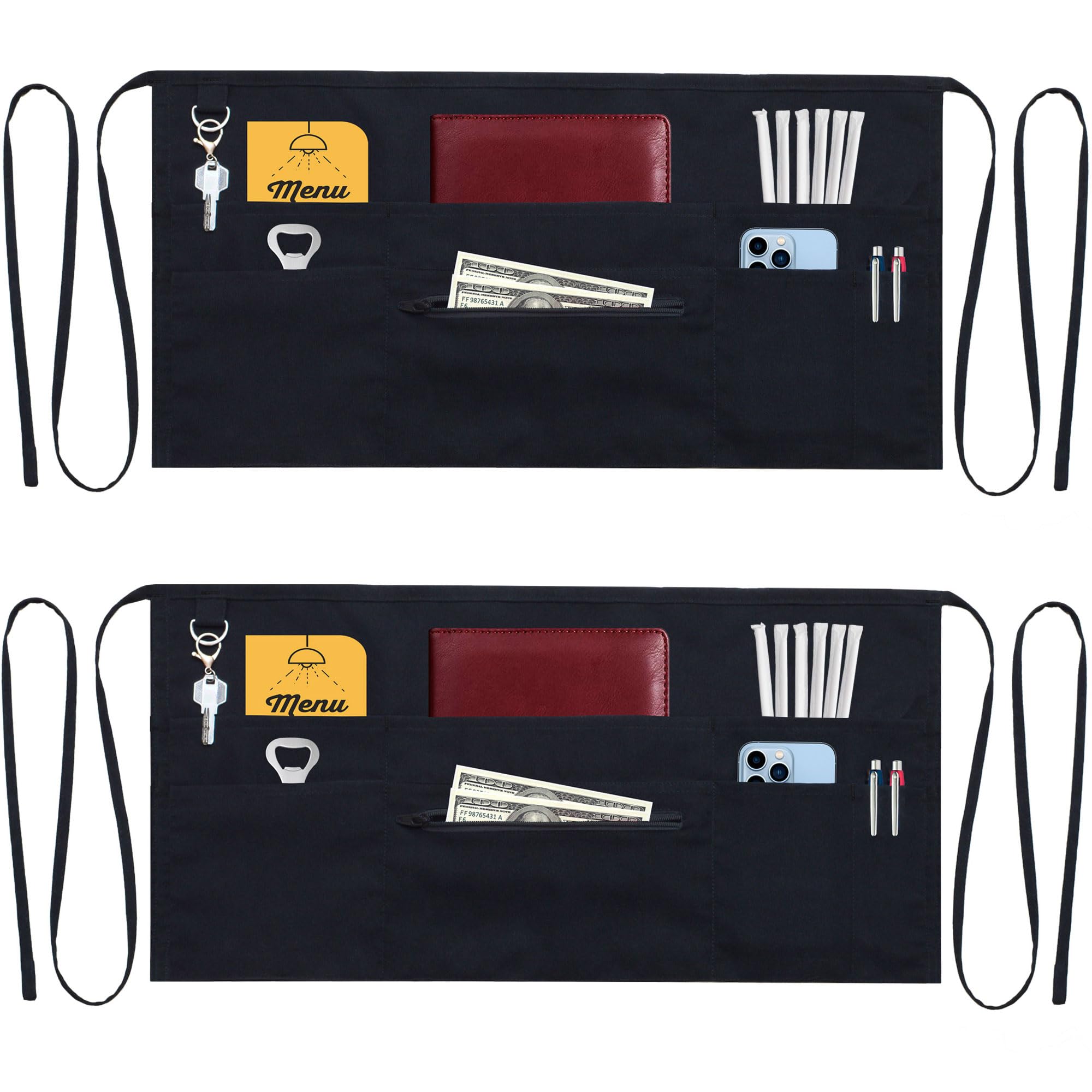 TEXVIDA 7-pocket server apron with zipper pocket in black for organized service