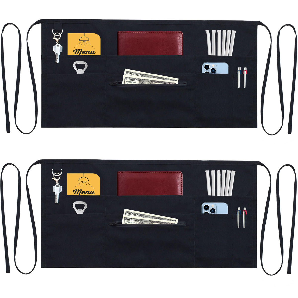 TEXVIDA 7-pocket server apron with zipper pocket in black for organized service