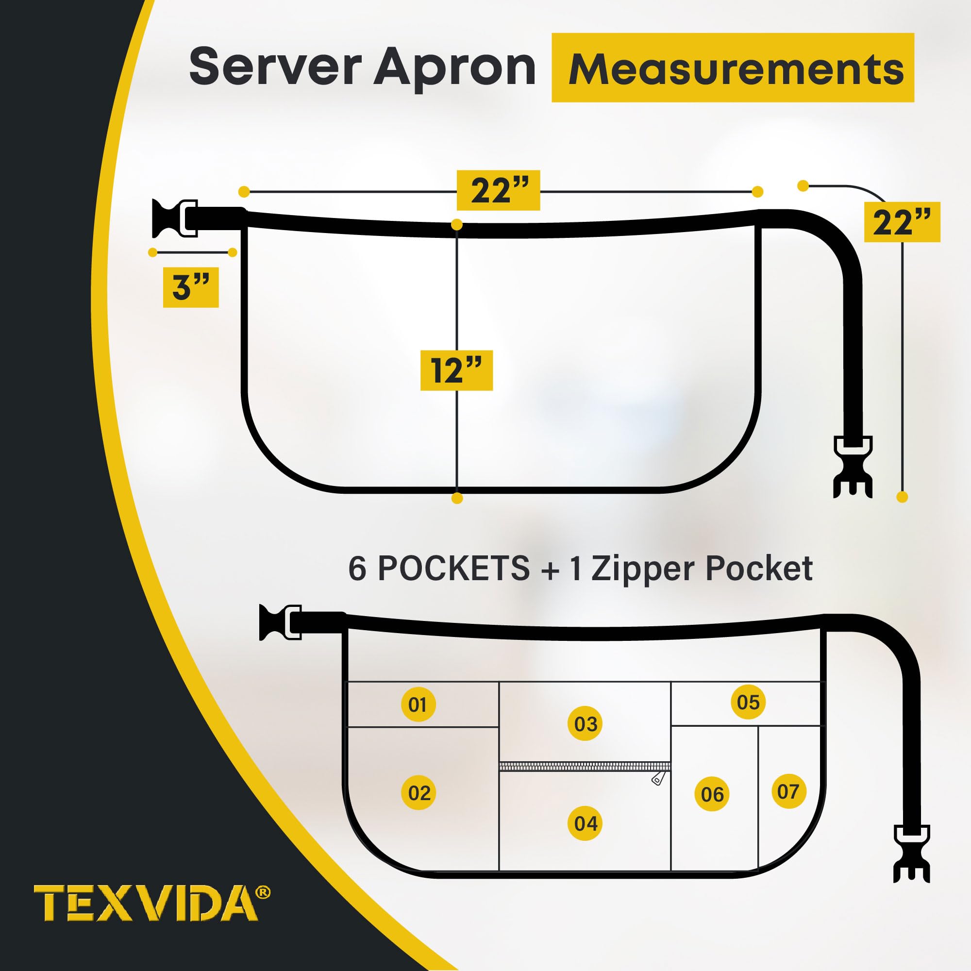 TEXVIDA apron with zippered money pouch for secure cash handling on shift.