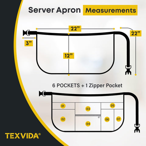 TEXVIDA apron with zippered money pouch for secure cash handling on shift.