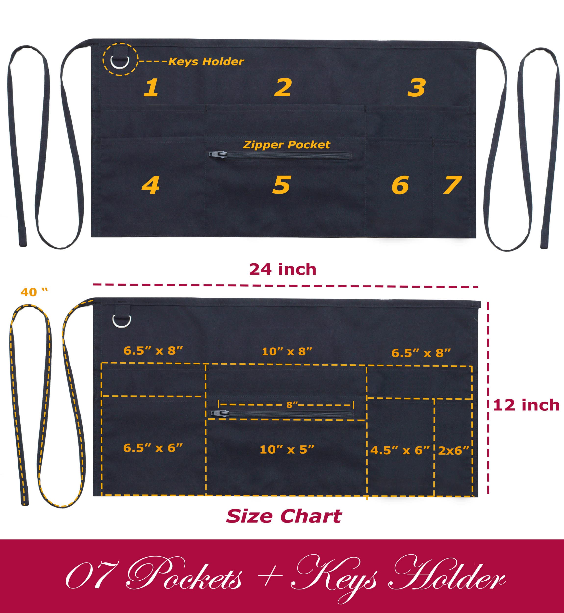 TEXVIDA waiter apron showing seven pockets for quick item access