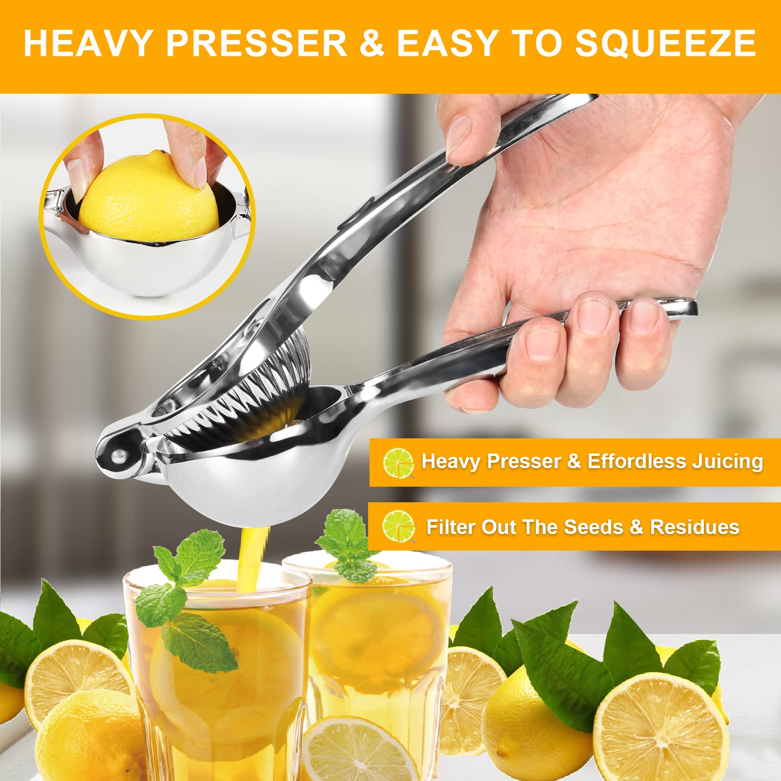 TEZZ metal citrus press with a heavy-duty handle for quick squeezing.