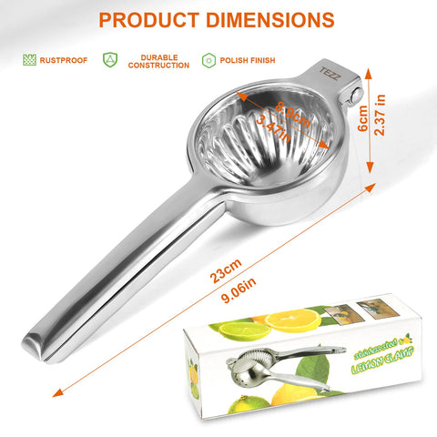 TEZZ lemon squeezer handle-press emphasizes ergonomic grip for easy juicing