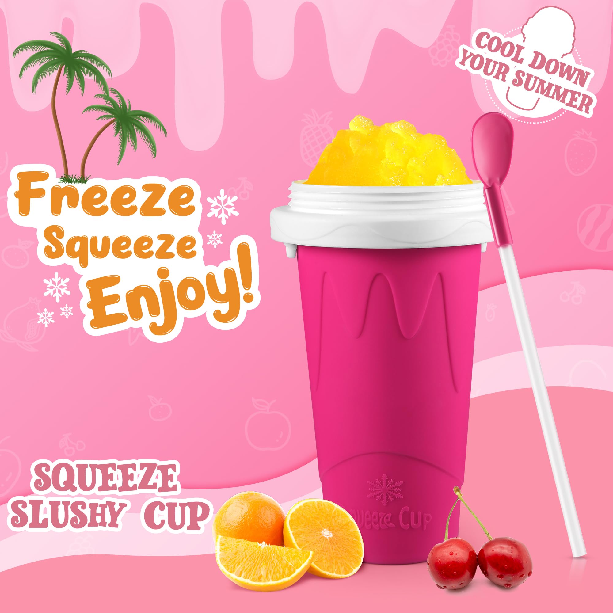 tgosomt Slushie Cup in use, easy squeeze turns drinks into icy treats