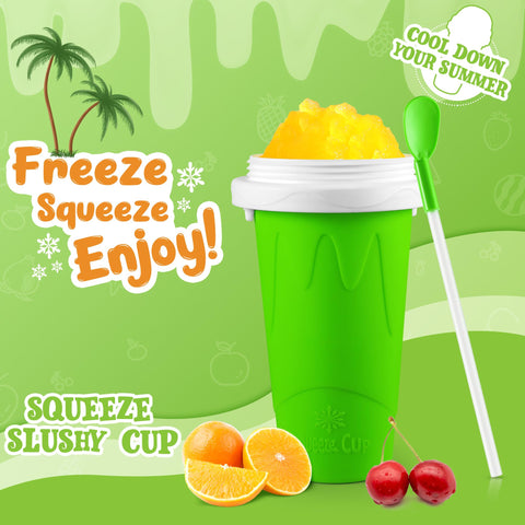 Using the Tgosomt Slushy Cup, squeeze to slush juice into icy treats.