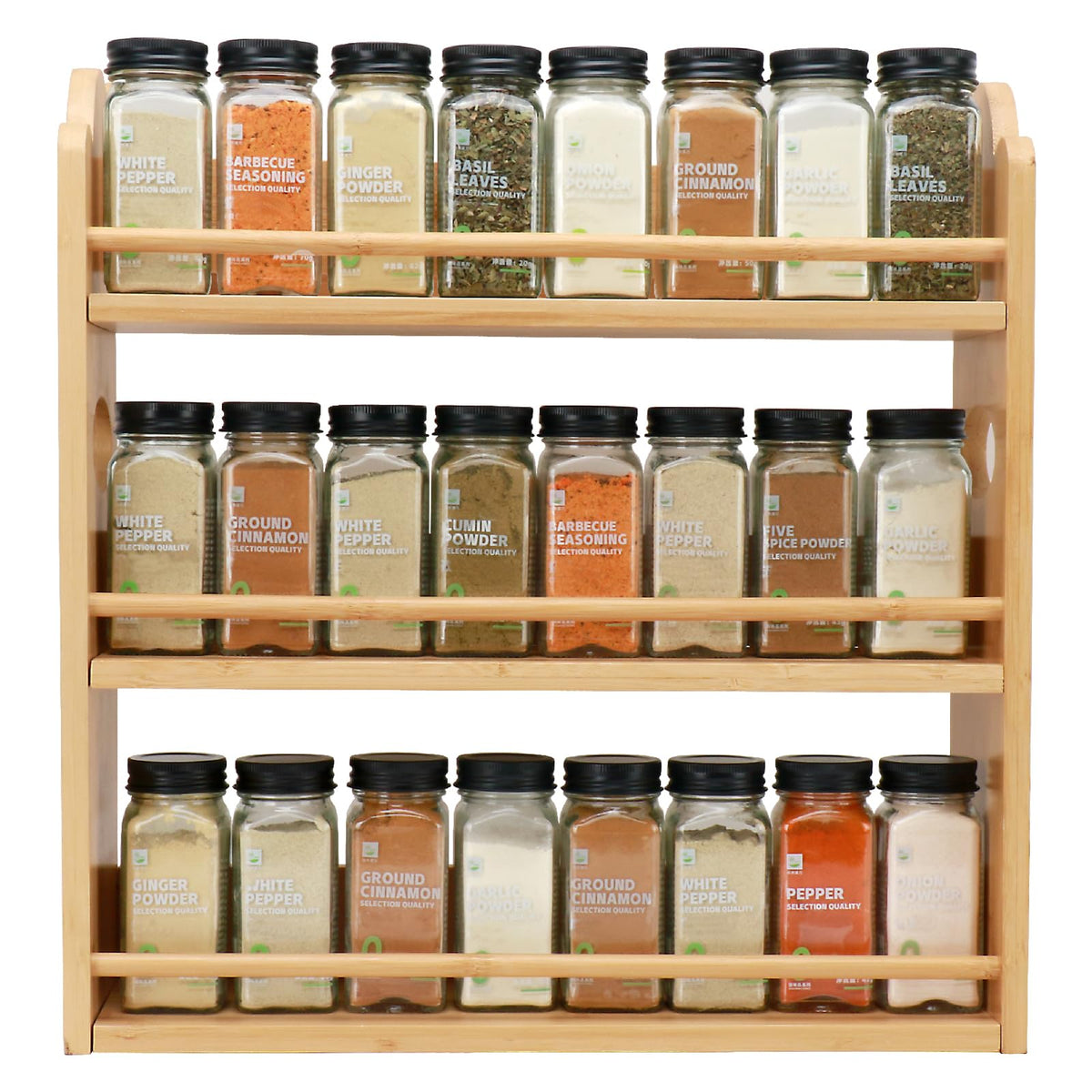 Thalomely 3-tier bamboo spice rack front view shows organized jars on a compact frame