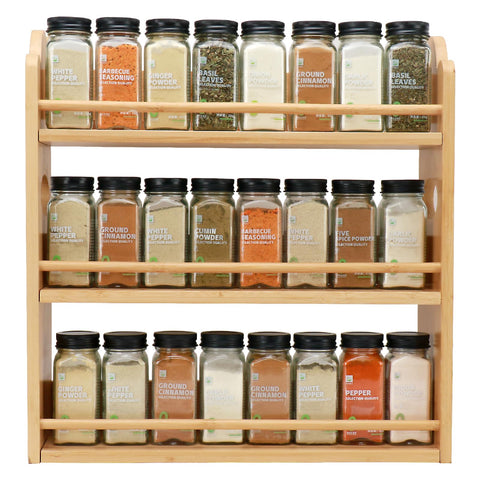 Thalomely 3-tier bamboo spice rack front view shows organized jars on a compact frame
