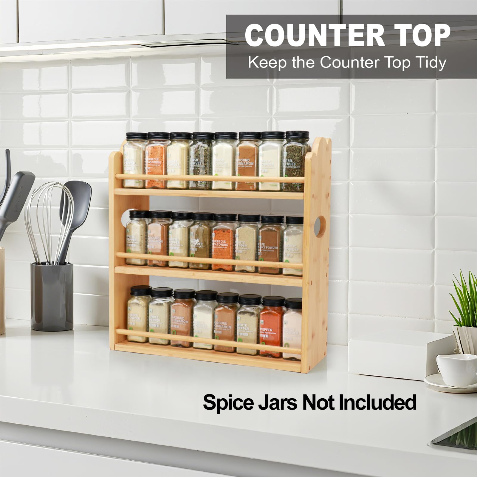 Thalomely bamboo spice rack on counter demonstrates quick access to spices