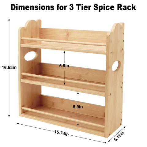 Thalomely 3-tier bamboo spice rack side view highlights slim profile for small countertops
