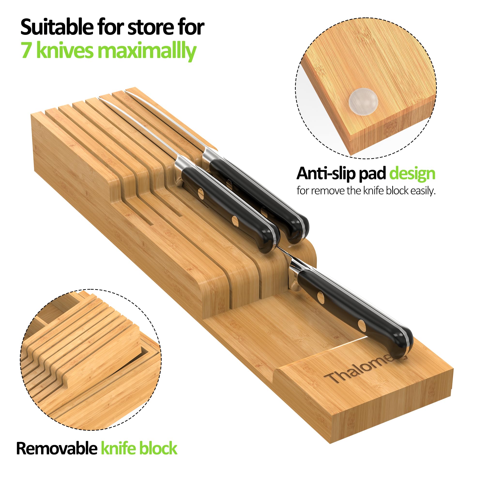 Thalomely Bamboo Drawer Organizer anti-slip knife block stabilizes blades during use.