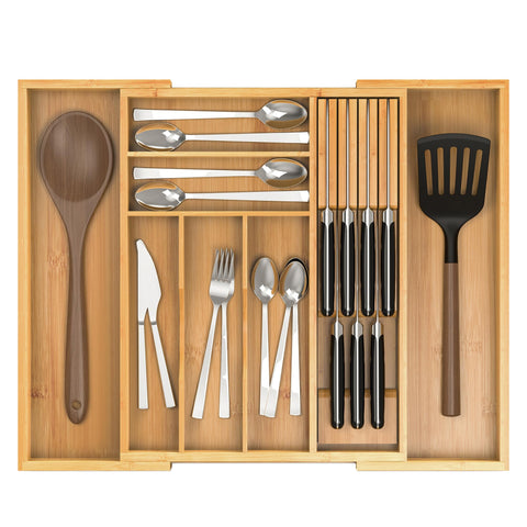Thalomely Bamboo Drawer Organizer expands to fit larger drawers for space-saving storage.