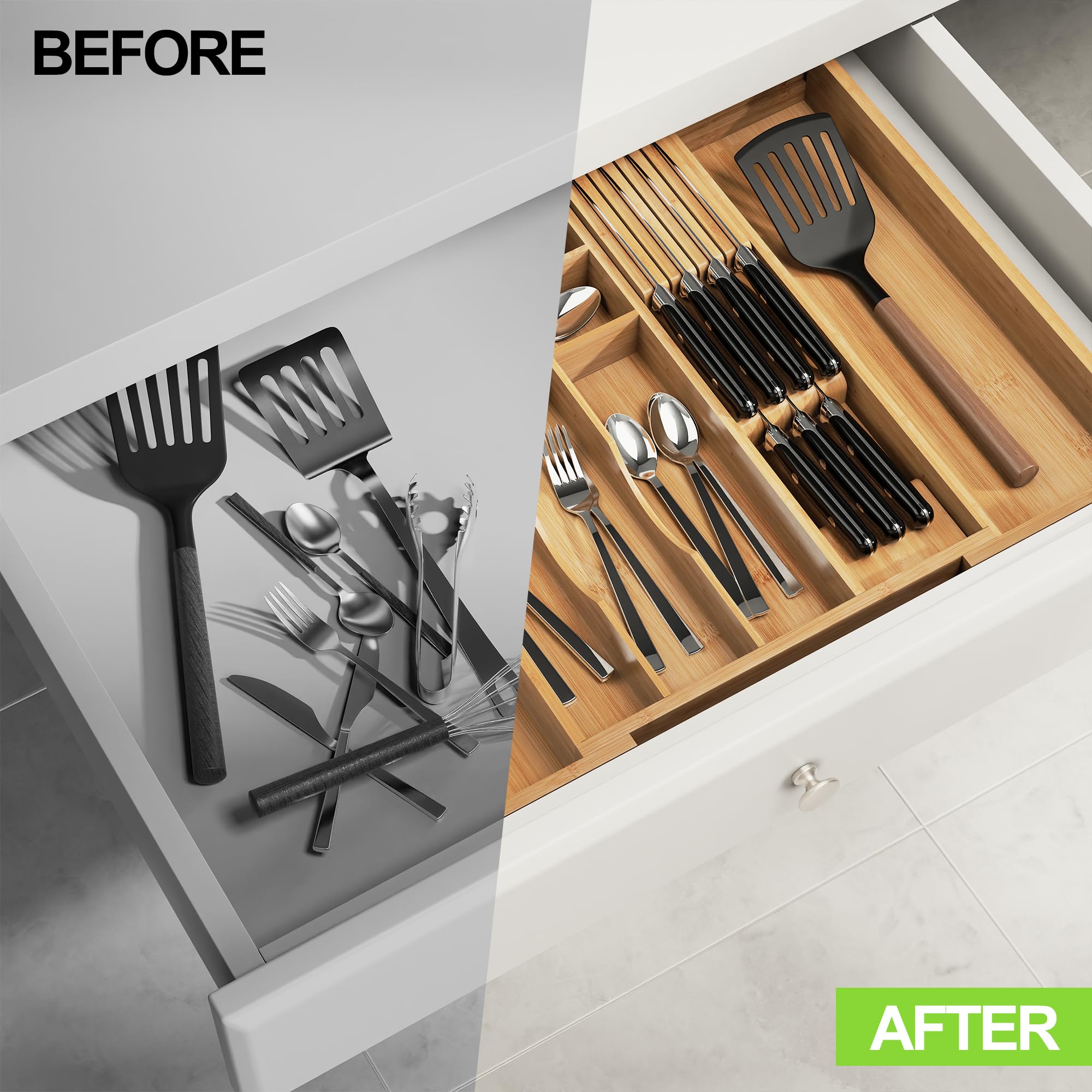 Thalomely Bamboo Drawer Organizer extends to wider drawers for flexible storage.