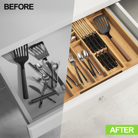 Thalomely Bamboo Drawer Organizer extends to wider drawers for flexible storage.