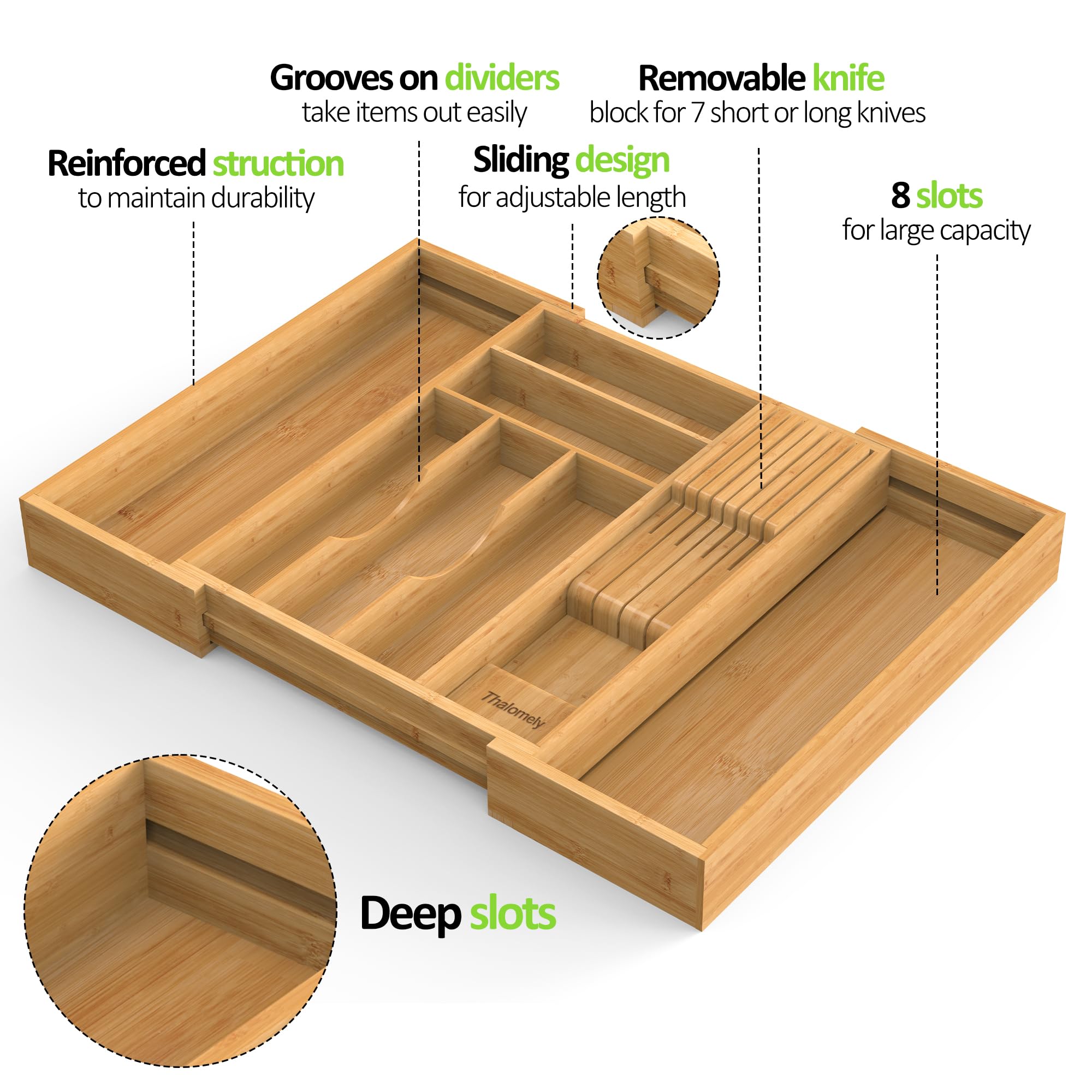 Thalomely Bamboo Drawer Organizer multipurpose storage for cutlery, jewelry, or small tools.