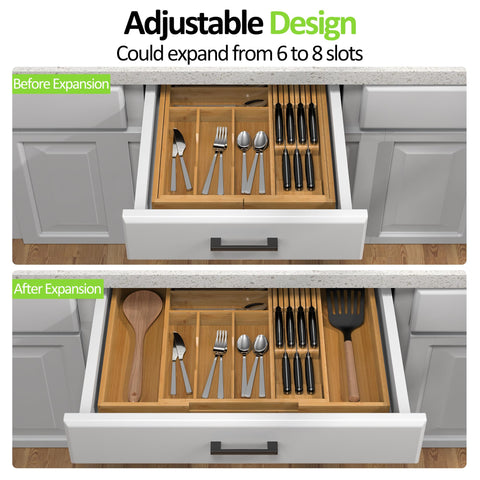 Thalomely Bamboo Drawer Organizer removable knife block provides safe, easy knife access.