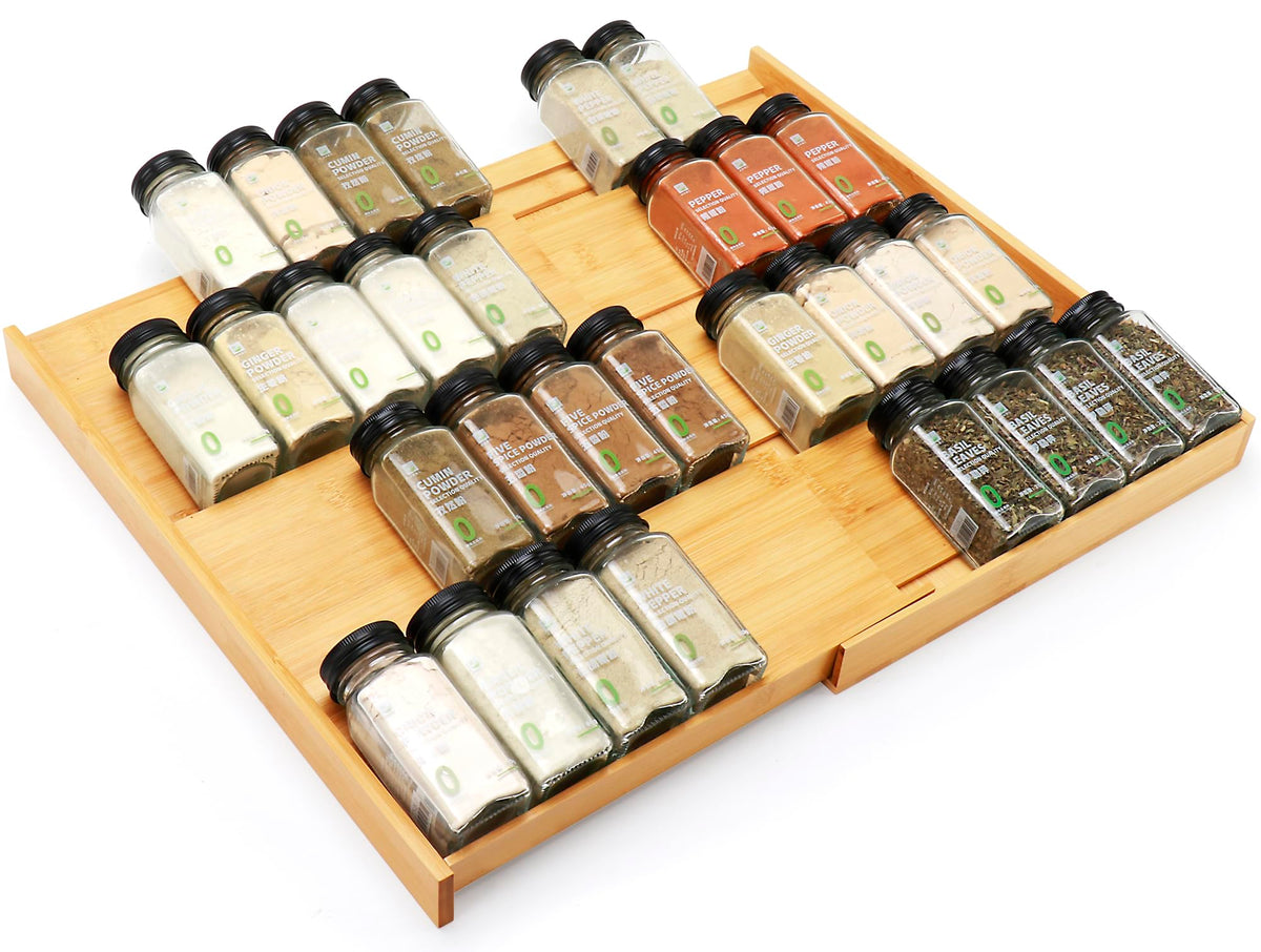 Thalomely bamboo spice drawer organizer extended width for orderly jars