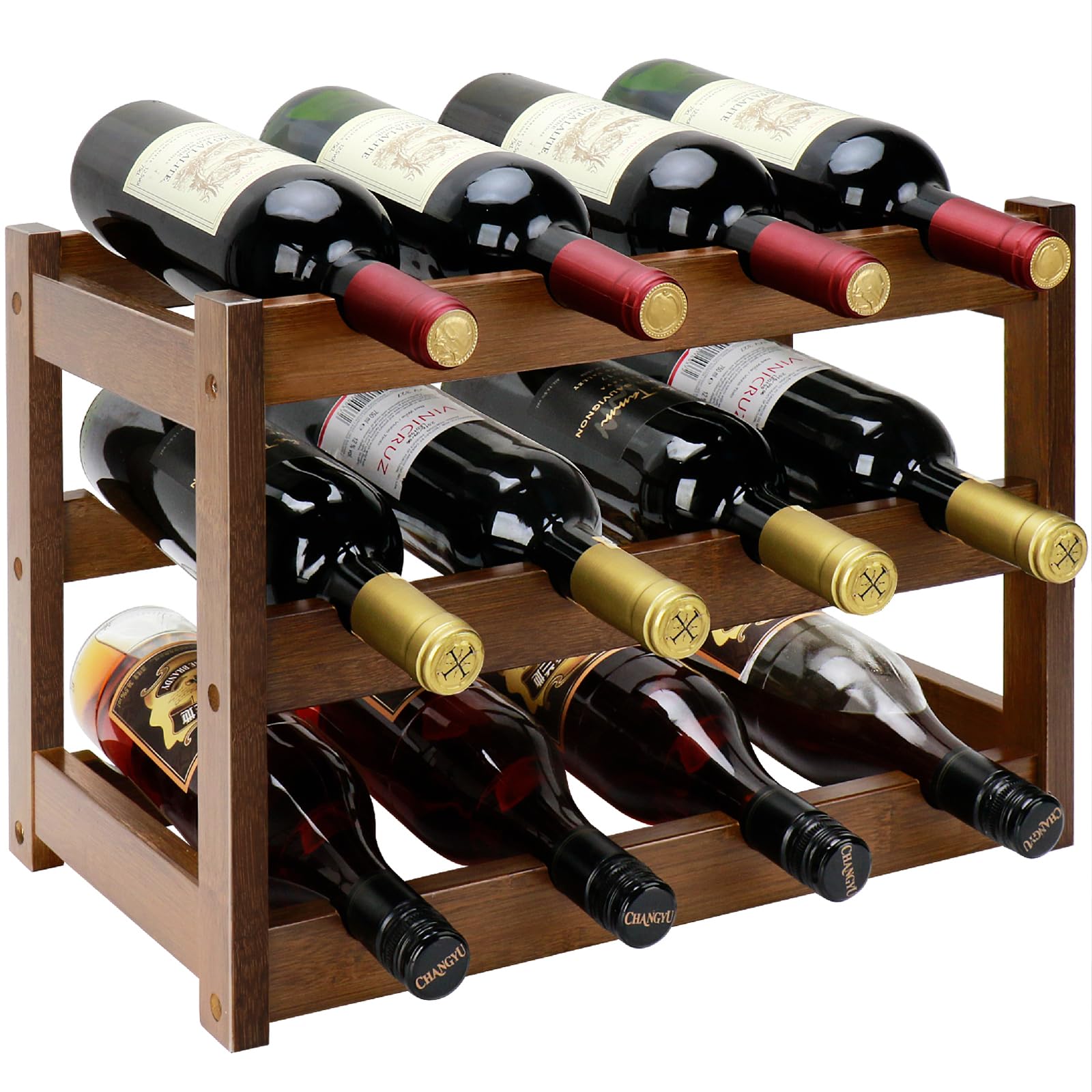 Thalomely bamboo wine rack front view shows 3-tier storage for organized kitchen display