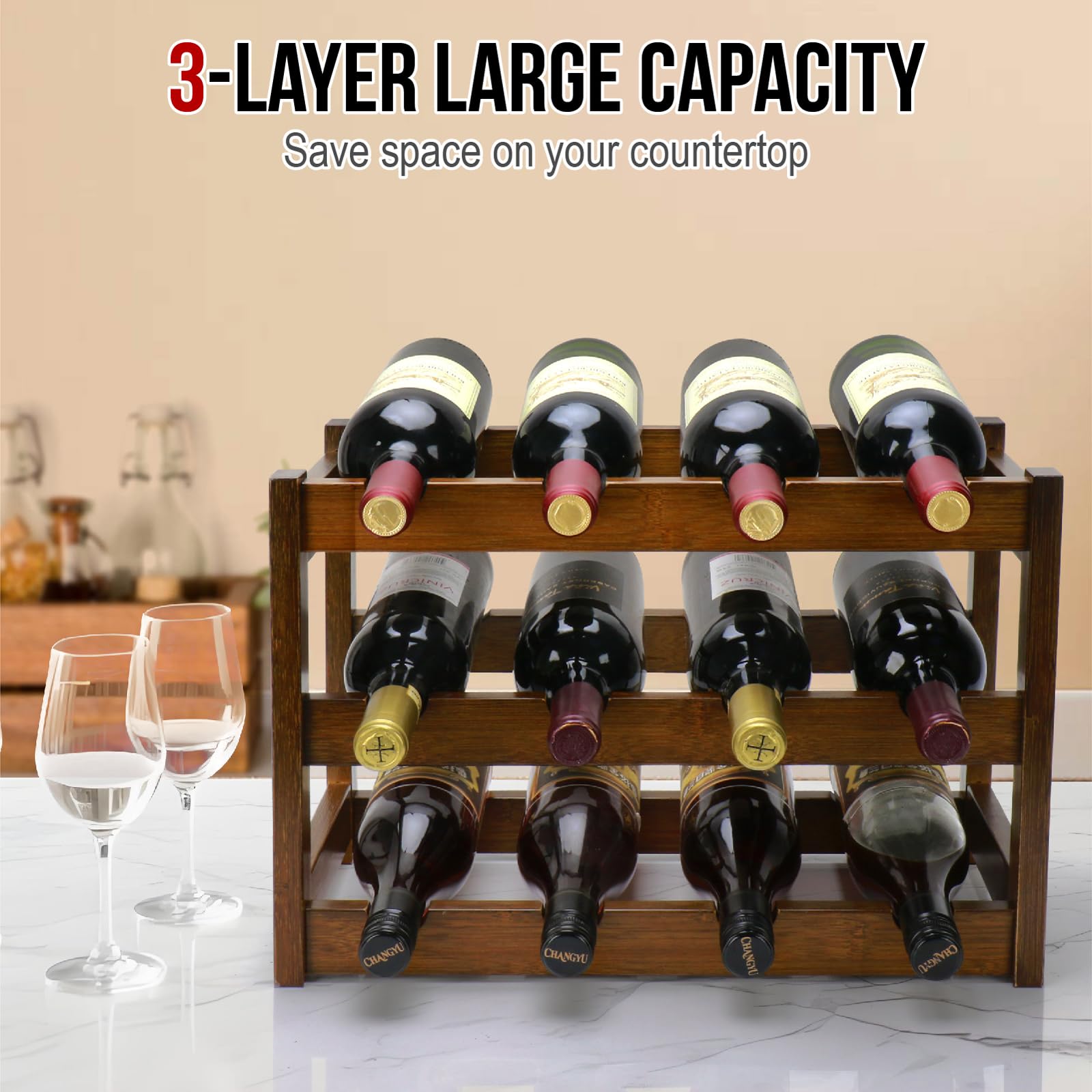 Thalomely bamboo rack open-frame construction enables quick bottle retrieval
