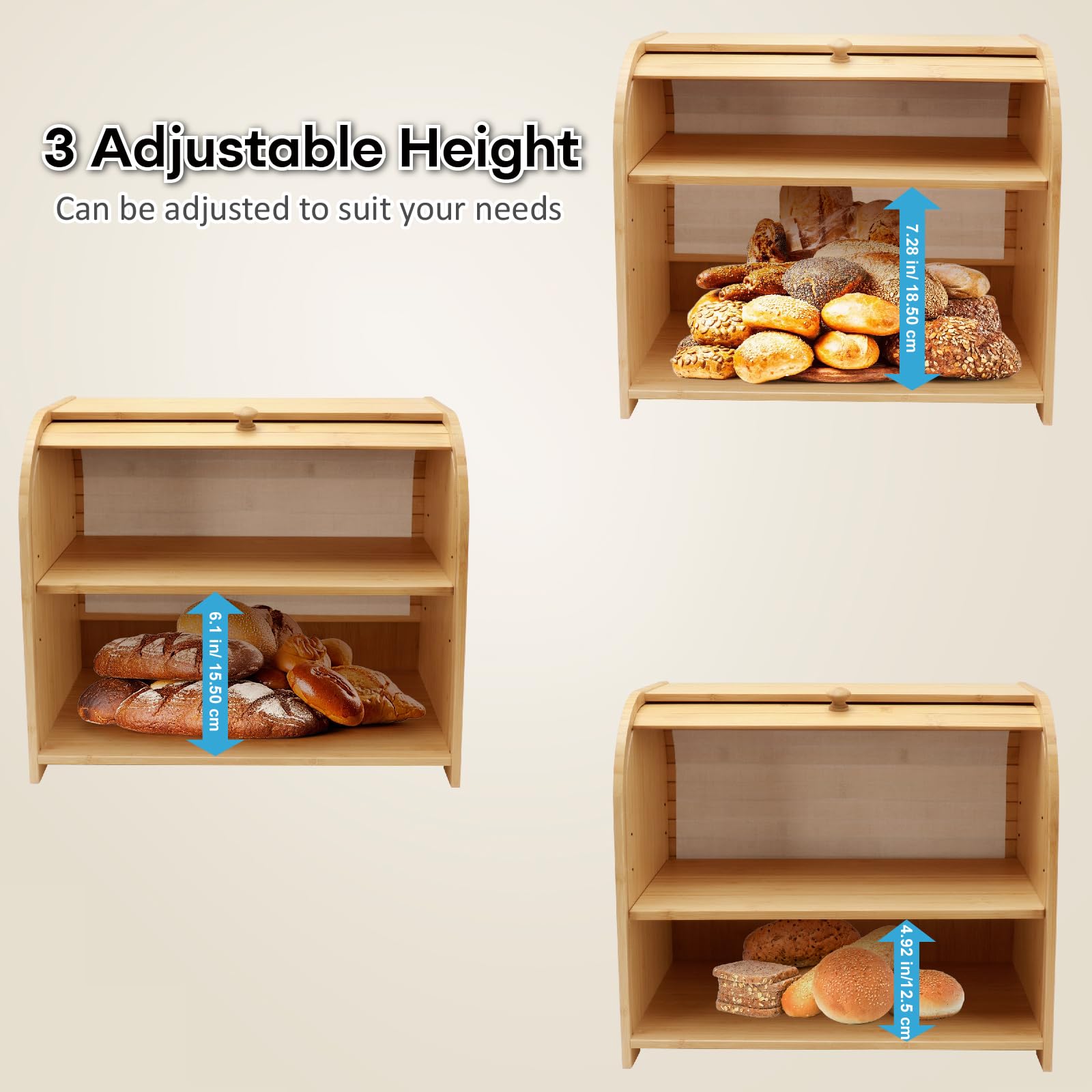 Side view shows three-position height adjustability for flexible storage.