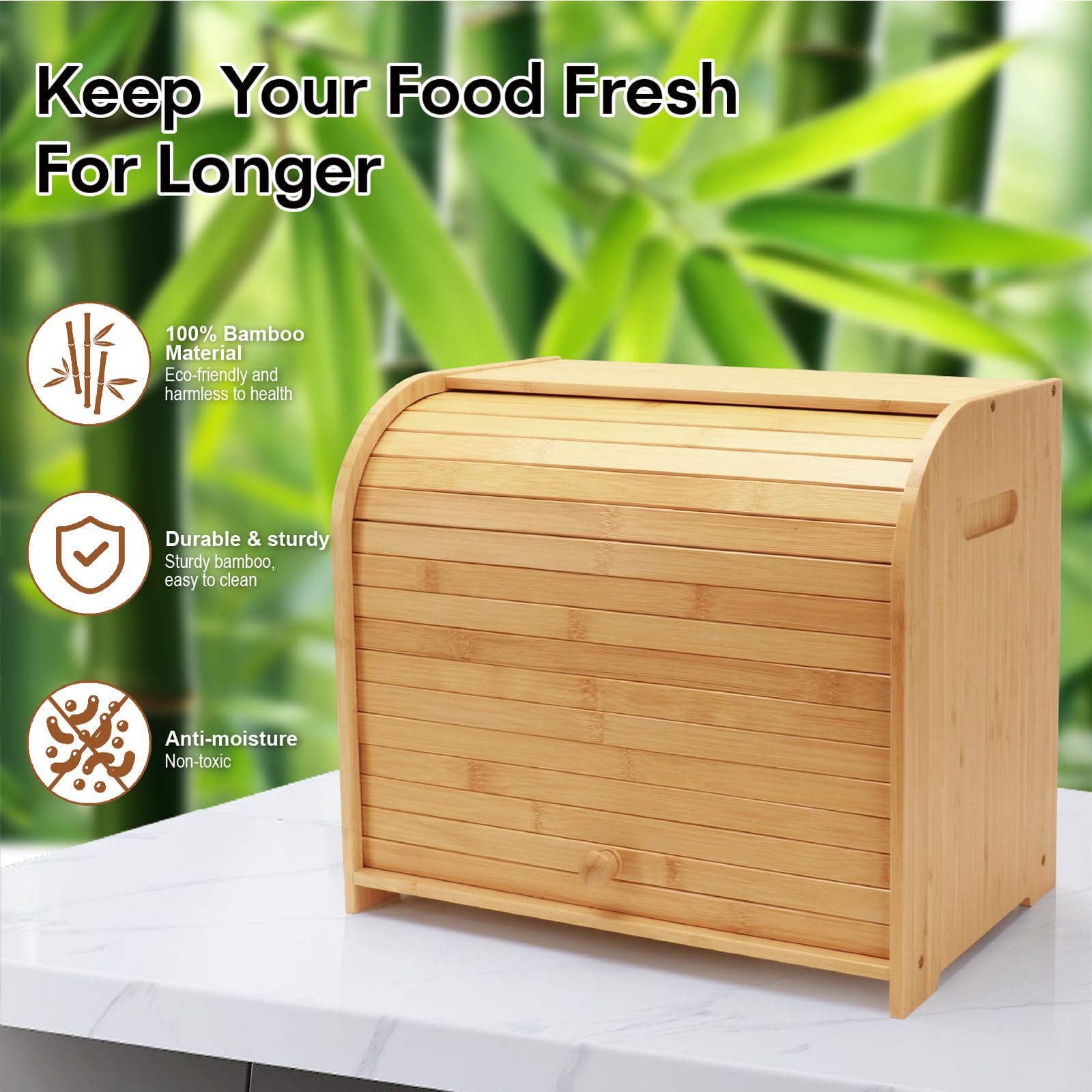 Countertop setup with bread and fruits shows versatile storage.