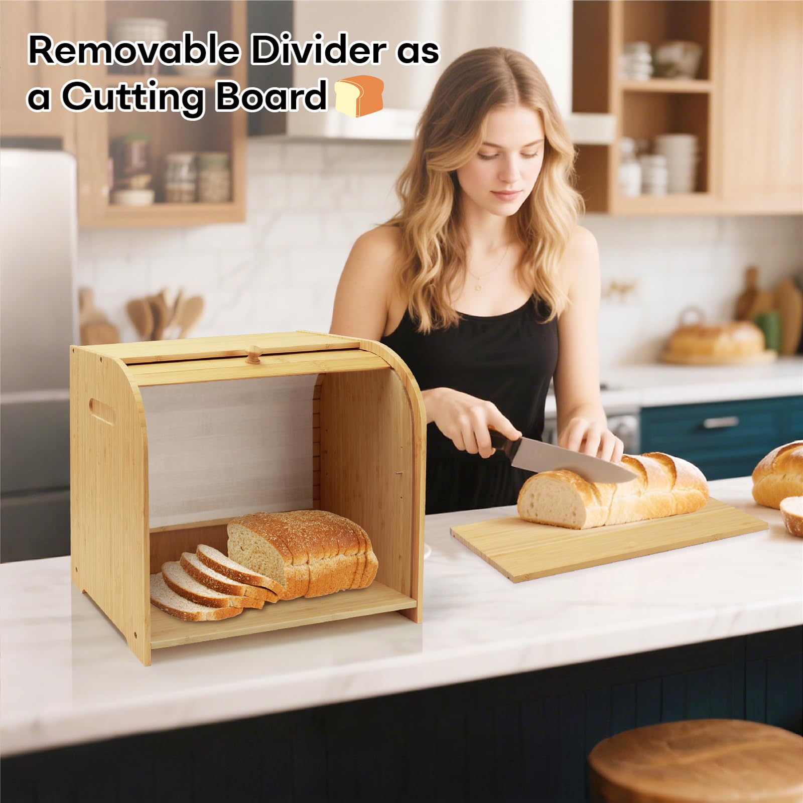Dimensions and space-saving design of Thalomely bread box on a counter.
