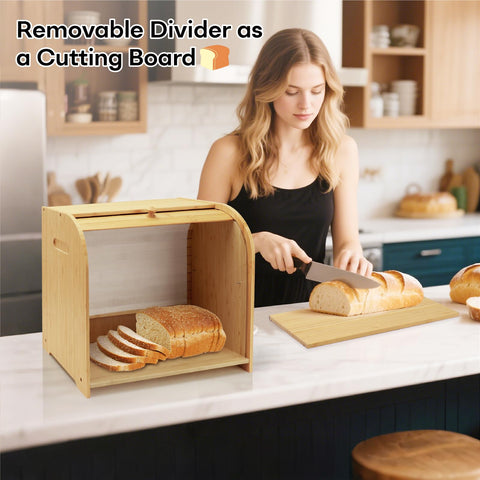 Dimensions and space-saving design of Thalomely bread box on a counter.