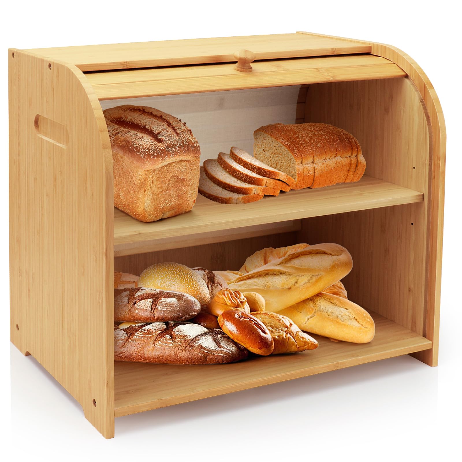 Thalomely bread box front view on counter with roll-top lid for easy access.