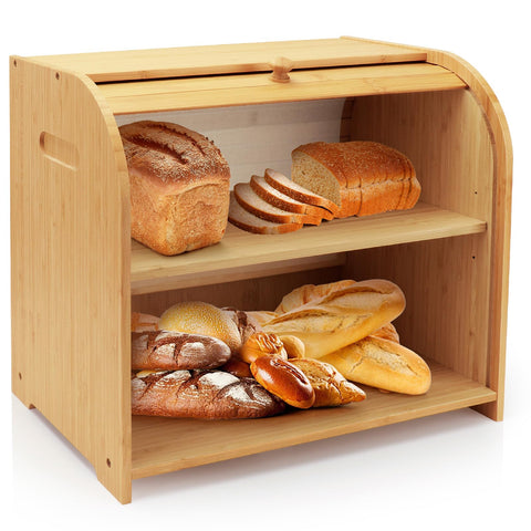 Thalomely bread box front view on counter with roll-top lid for easy access.